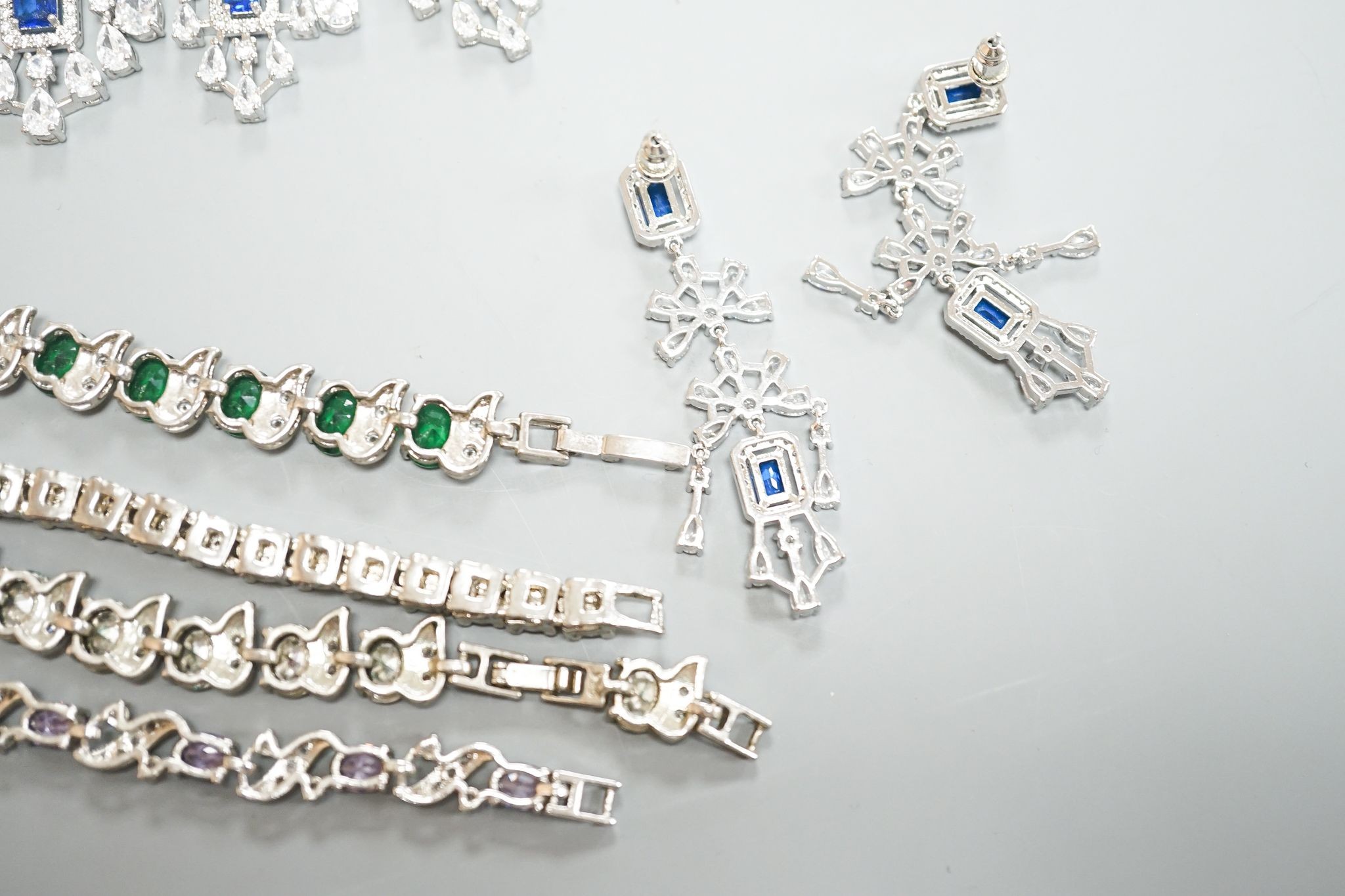 A small group of 925 or white metal and paste set jewellery, including necklaces, bracelets and earrings.